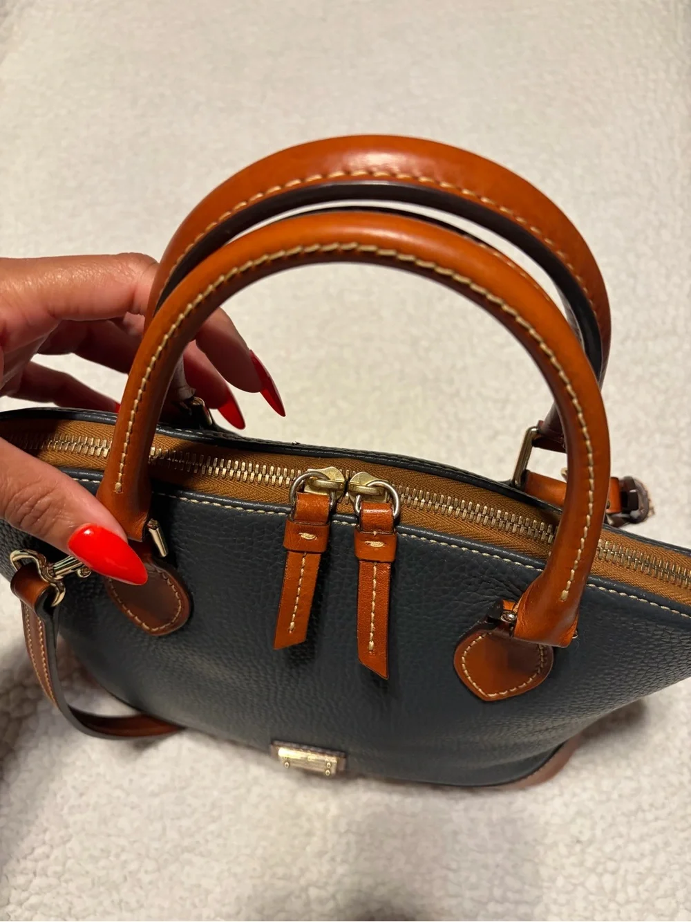 Dooney & Bourke Gray and Tan Pebbled Leather Dome Satchel